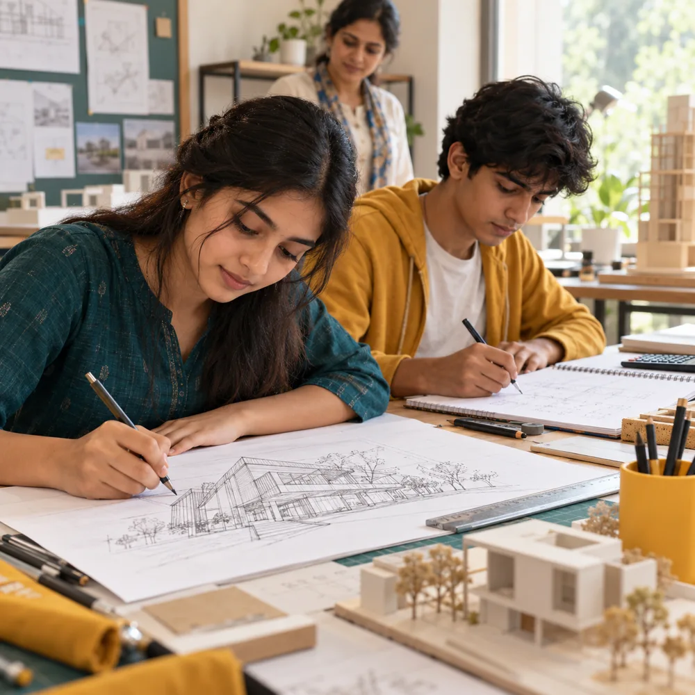 Illustration of AICT students practicing architecture entrance drawing